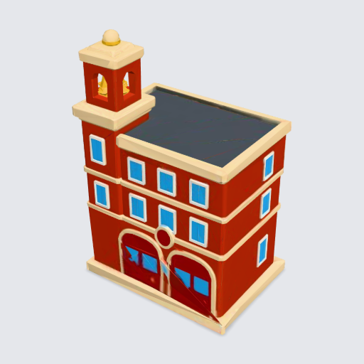 Fire station, four toy views, picture-to-3D (Meshy)